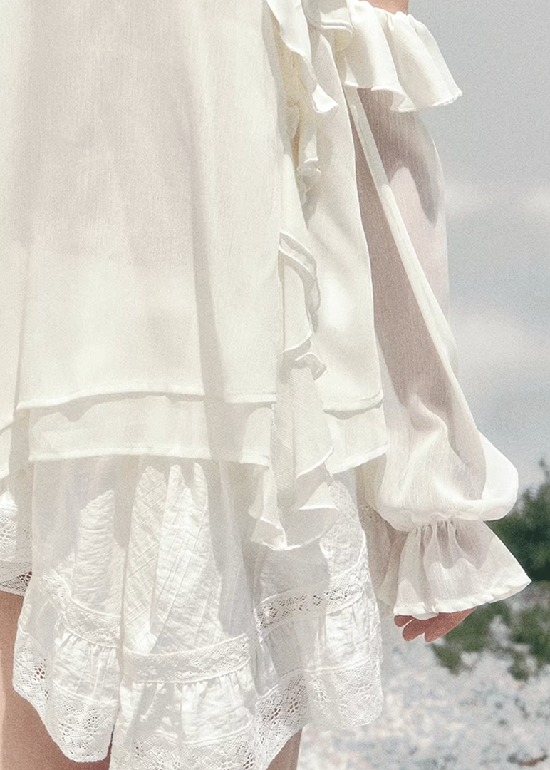 AOMALM sheer ruffle blouse, French romantic spring top, feminine off shoulder chiffon blouse, Korean elegant sheer shirt women, quiet luxury romantic outfit, Parisian inspired ruffle blouse, delicate fungus edge blouse women, romantic Korean French aesthetic clothing, lightweight spring sheer top, soft feminine translucent blouse, elegant airy chiffon shirt women, refined luxury womenswear blouse, romantic flowy spring fashion, delicate feminine long sleeve blouse, luxury Korean designer inspired top