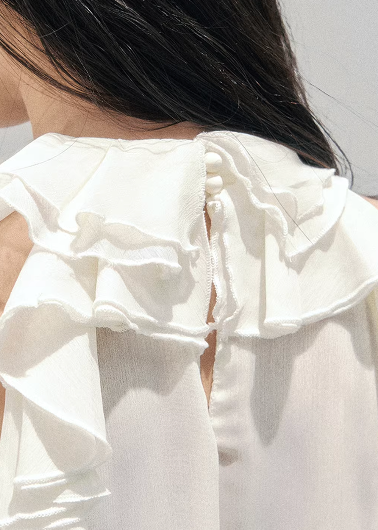 AOMALM sheer ruffle blouse, French romantic spring top, feminine off shoulder chiffon blouse, Korean elegant sheer shirt women, quiet luxury romantic outfit, Parisian inspired ruffle blouse, delicate fungus edge blouse women, romantic Korean French aesthetic clothing, lightweight spring sheer top, soft feminine translucent blouse, elegant airy chiffon shirt women, refined luxury womenswear blouse, romantic flowy spring fashion, delicate feminine long sleeve blouse, luxury Korean designer inspired top