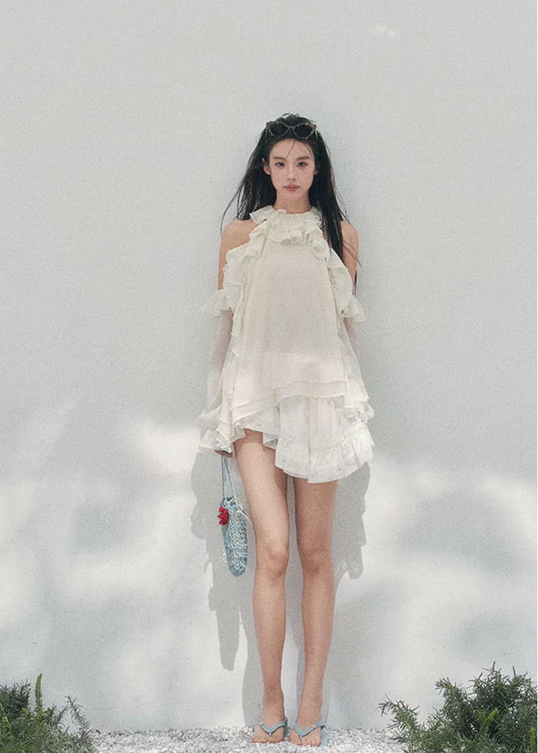 AOMALM sheer ruffle blouse, French romantic spring top, feminine off shoulder chiffon blouse, Korean elegant sheer shirt women, quiet luxury romantic outfit, Parisian inspired ruffle blouse, delicate fungus edge blouse women, romantic Korean French aesthetic clothing, lightweight spring sheer top, soft feminine translucent blouse, elegant airy chiffon shirt women, refined luxury womenswear blouse, romantic flowy spring fashion, delicate feminine long sleeve blouse, luxury Korean designer inspired top