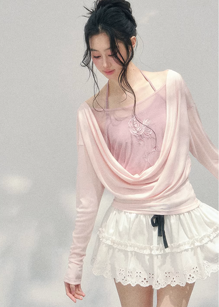 AOMALM embroidered twinset, French romantic draped top women, rose embroidery spring blouse, Korean elegant layered knitwear, quiet luxury romantic outfit, Parisian inspired swing collar blouse, feminine Korean French aesthetic clothing, delicate embroidered spring top, soft feminine layered knit set, elegant pastel romantic blouse, refined luxury womenswear twinset, lightweight embroidered knitwear women, romantic spring fashion top, feminine draped collar blouse, luxury Korean designer inspired set