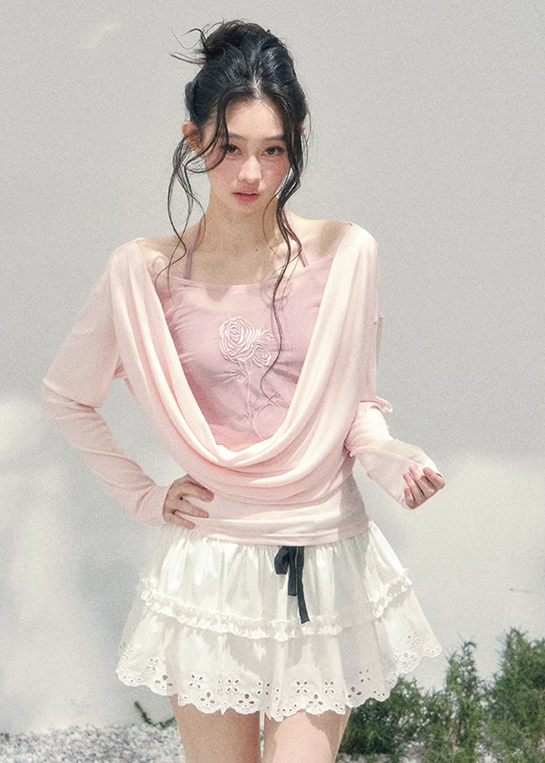 AOMALM embroidered twinset, French romantic draped top women, rose embroidery spring blouse, Korean elegant layered knitwear, quiet luxury romantic outfit, Parisian inspired swing collar blouse, feminine Korean French aesthetic clothing, delicate embroidered spring top, soft feminine layered knit set, elegant pastel romantic blouse, refined luxury womenswear twinset, lightweight embroidered knitwear women, romantic spring fashion top, feminine draped collar blouse, luxury Korean designer inspired set