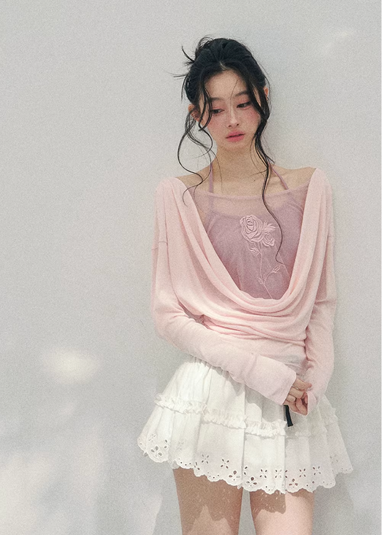 AOMALM embroidered twinset, French romantic draped top women, rose embroidery spring blouse, Korean elegant layered knitwear, quiet luxury romantic outfit, Parisian inspired swing collar blouse, feminine Korean French aesthetic clothing, delicate embroidered spring top, soft feminine layered knit set, elegant pastel romantic blouse, refined luxury womenswear twinset, lightweight embroidered knitwear women, romantic spring fashion top, feminine draped collar blouse, luxury Korean designer inspired set