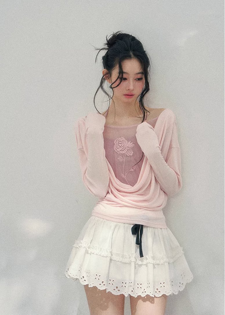 AOMALM embroidered twinset, French romantic draped top women, rose embroidery spring blouse, Korean elegant layered knitwear, quiet luxury romantic outfit, Parisian inspired swing collar blouse, feminine Korean French aesthetic clothing, delicate embroidered spring top, soft feminine layered knit set, elegant pastel romantic blouse, refined luxury womenswear twinset, lightweight embroidered knitwear women, romantic spring fashion top, feminine draped collar blouse, luxury Korean designer inspired set