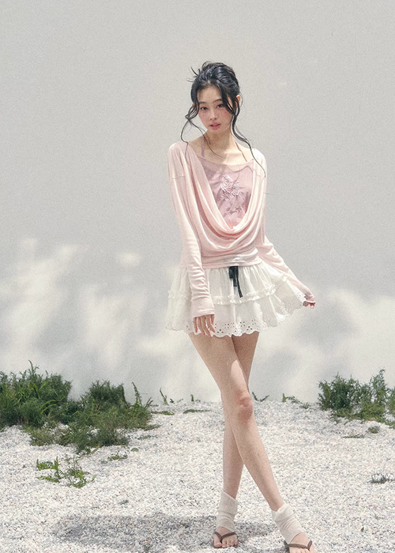 AOMALM embroidered twinset, French romantic draped top women, rose embroidery spring blouse, Korean elegant layered knitwear, quiet luxury romantic outfit, Parisian inspired swing collar blouse, feminine Korean French aesthetic clothing, delicate embroidered spring top, soft feminine layered knit set, elegant pastel romantic blouse, refined luxury womenswear twinset, lightweight embroidered knitwear women, romantic spring fashion top, feminine draped collar blouse, luxury Korean designer inspired set