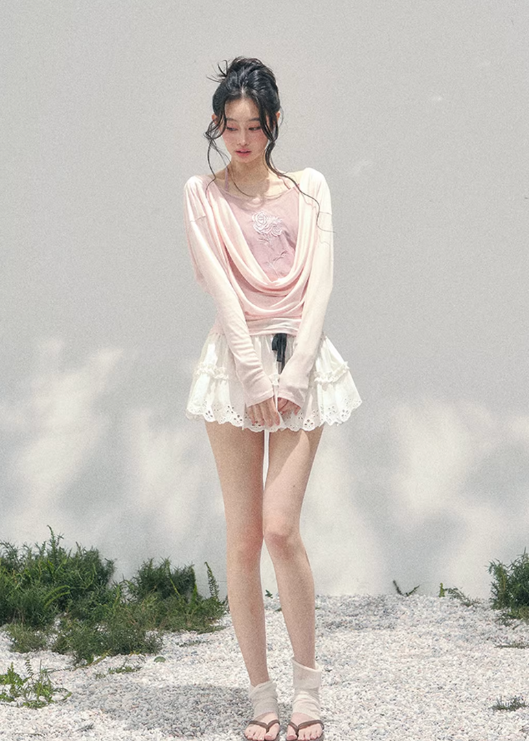 AOMALM embroidered twinset, French romantic draped top women, rose embroidery spring blouse, Korean elegant layered knitwear, quiet luxury romantic outfit, Parisian inspired swing collar blouse, feminine Korean French aesthetic clothing, delicate embroidered spring top, soft feminine layered knit set, elegant pastel romantic blouse, refined luxury womenswear twinset, lightweight embroidered knitwear women, romantic spring fashion top, feminine draped collar blouse, luxury Korean designer inspired set