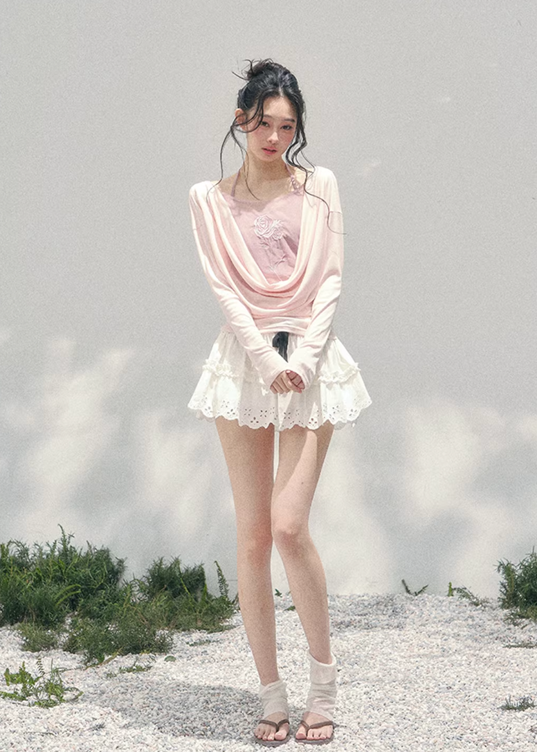 AOMALM embroidered twinset, French romantic draped top women, rose embroidery spring blouse, Korean elegant layered knitwear, quiet luxury romantic outfit, Parisian inspired swing collar blouse, feminine Korean French aesthetic clothing, delicate embroidered spring top, soft feminine layered knit set, elegant pastel romantic blouse, refined luxury womenswear twinset, lightweight embroidered knitwear women, romantic spring fashion top, feminine draped collar blouse, luxury Korean designer inspired set