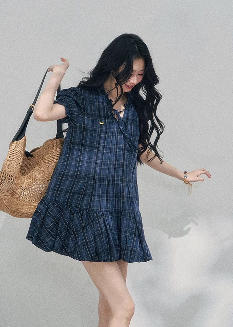 AOMALM plaid puff sleeve dress, French romantic mini dress women, feminine doll dress spring outfit, Korean elegant plaid dress, quiet luxury romantic dress, Parisian inspired puff sleeve mini, delicate pleated plaid dress women, romantic Korean French aesthetic clothing, lightweight spring plaid dress, refined feminine mini dress style, elegant casual spring outfit women, soft luxury womenswear dress, vintage inspired plaid mini dress, luxury Korean designer inspired dress