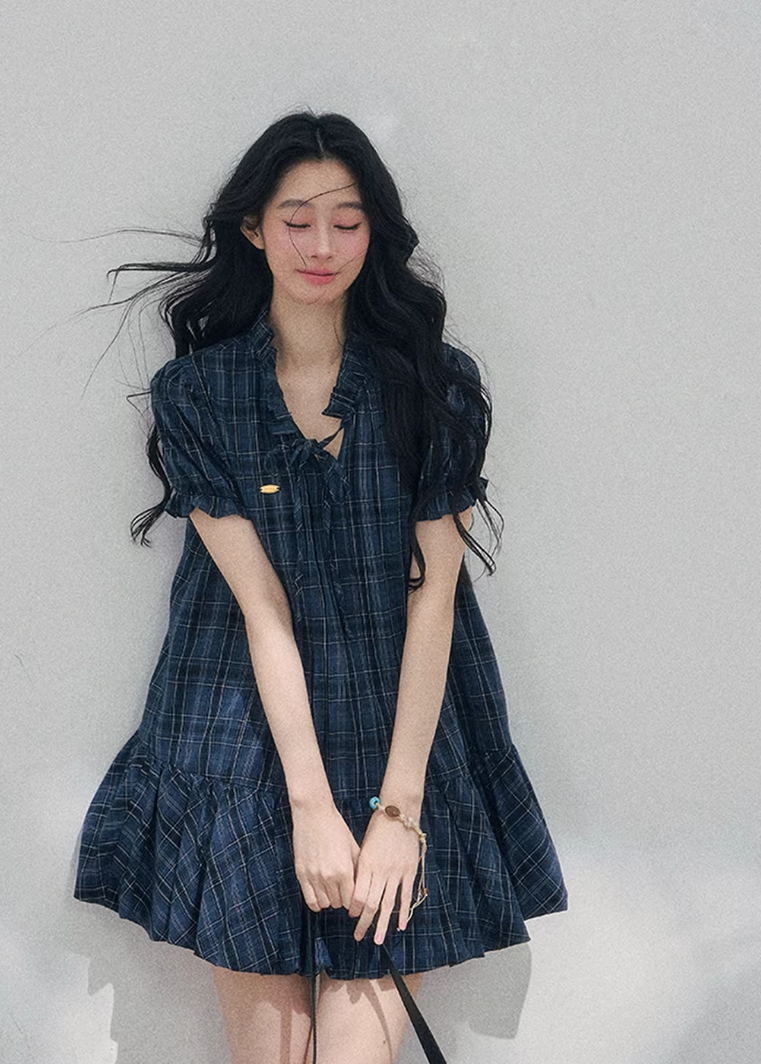 AOMALM plaid puff sleeve dress, French romantic mini dress women, feminine doll dress spring outfit, Korean elegant plaid dress, quiet luxury romantic dress, Parisian inspired puff sleeve mini, delicate pleated plaid dress women, romantic Korean French aesthetic clothing, lightweight spring plaid dress, refined feminine mini dress style, elegant casual spring outfit women, soft luxury womenswear dress, vintage inspired plaid mini dress, luxury Korean designer inspired dress