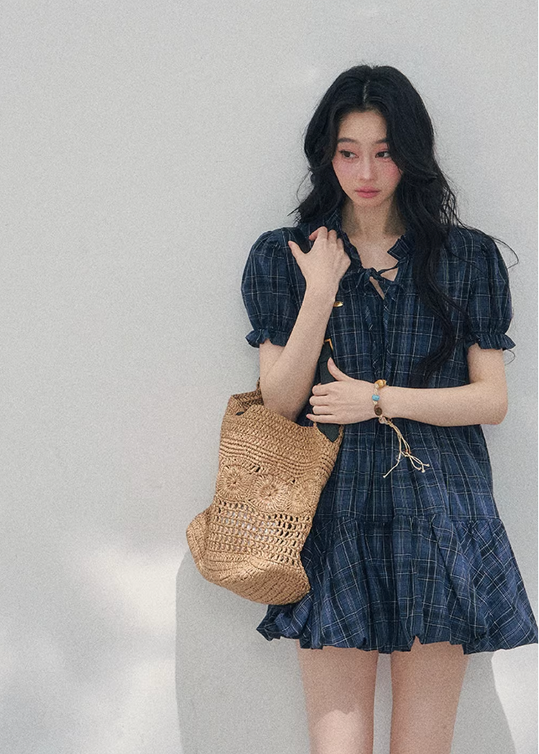 AOMALM plaid puff sleeve dress, French romantic mini dress women, feminine doll dress spring outfit, Korean elegant plaid dress, quiet luxury romantic dress, Parisian inspired puff sleeve mini, delicate pleated plaid dress women, romantic Korean French aesthetic clothing, lightweight spring plaid dress, refined feminine mini dress style, elegant casual spring outfit women, soft luxury womenswear dress, vintage inspired plaid mini dress, luxury Korean designer inspired dress