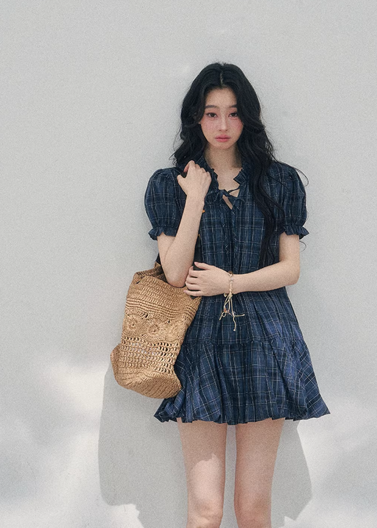 AOMALM plaid puff sleeve dress, French romantic mini dress women, feminine doll dress spring outfit, Korean elegant plaid dress, quiet luxury romantic dress, Parisian inspired puff sleeve mini, delicate pleated plaid dress women, romantic Korean French aesthetic clothing, lightweight spring plaid dress, refined feminine mini dress style, elegant casual spring outfit women, soft luxury womenswear dress, vintage inspired plaid mini dress, luxury Korean designer inspired dress