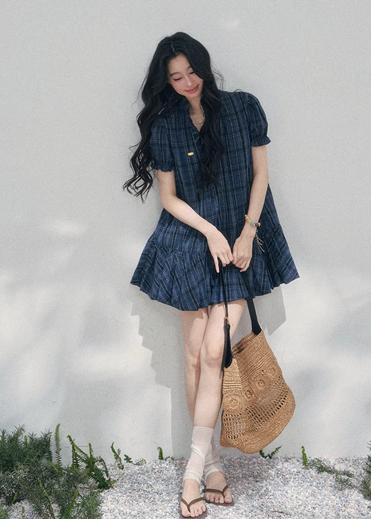 AOMALM plaid puff sleeve dress, French romantic mini dress women, feminine doll dress spring outfit, Korean elegant plaid dress, quiet luxury romantic dress, Parisian inspired puff sleeve mini, delicate pleated plaid dress women, romantic Korean French aesthetic clothing, lightweight spring plaid dress, refined feminine mini dress style, elegant casual spring outfit women, soft luxury womenswear dress, vintage inspired plaid mini dress, luxury Korean designer inspired dress