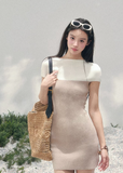 AOMALM knit mini dress women, French romantic fitted dress, feminine colorblock knit dress, Korean elegant spring mini dress, quiet luxury romantic outfit, Parisian inspired knit dress women, refined feminine silhouette dress, romantic Korean French aesthetic clothing, lightweight spring knit mini, elegant body shaping knit dress, soft luxury womenswear dress, mature feminine mini dress style, luxury Korean designer inspired knitwear, refined spring outfit women