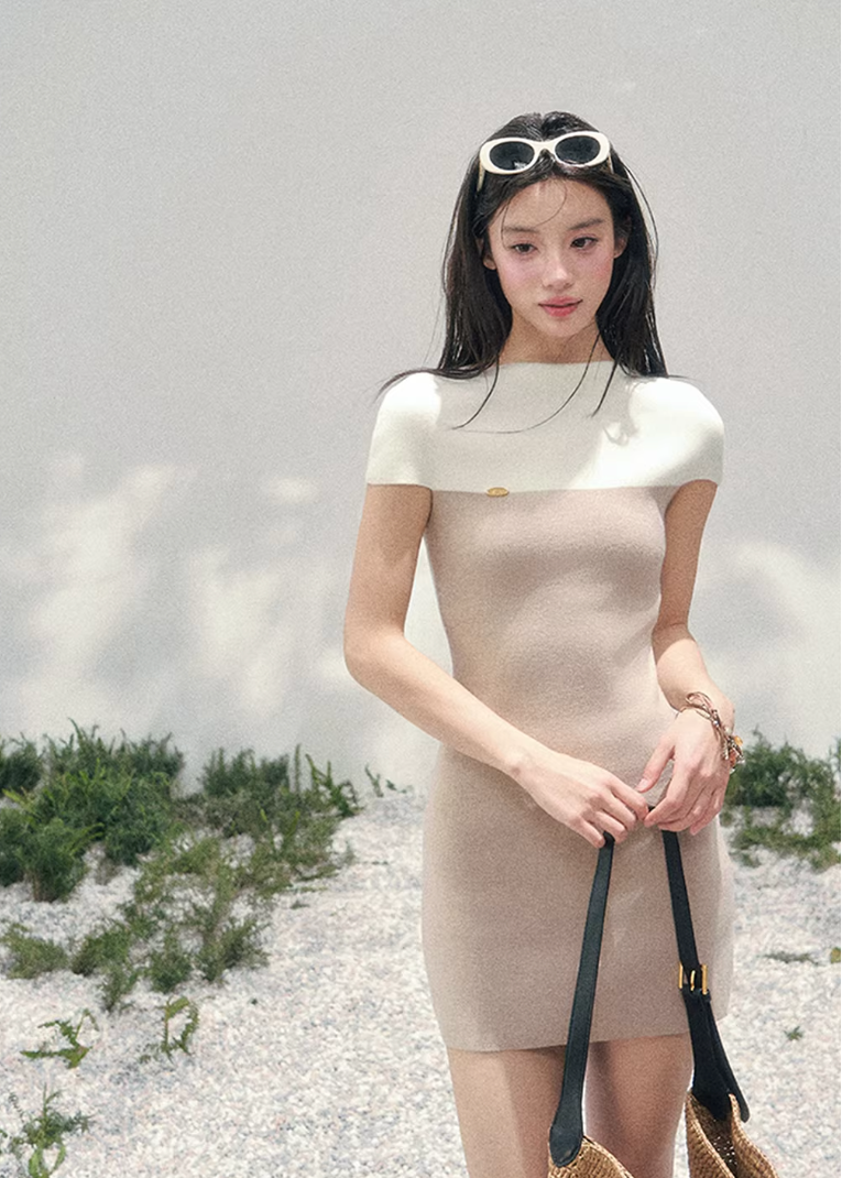 AOMALM knit mini dress women, French romantic fitted dress, feminine colorblock knit dress, Korean elegant spring mini dress, quiet luxury romantic outfit, Parisian inspired knit dress women, refined feminine silhouette dress, romantic Korean French aesthetic clothing, lightweight spring knit mini, elegant body shaping knit dress, soft luxury womenswear dress, mature feminine mini dress style, luxury Korean designer inspired knitwear, refined spring outfit women