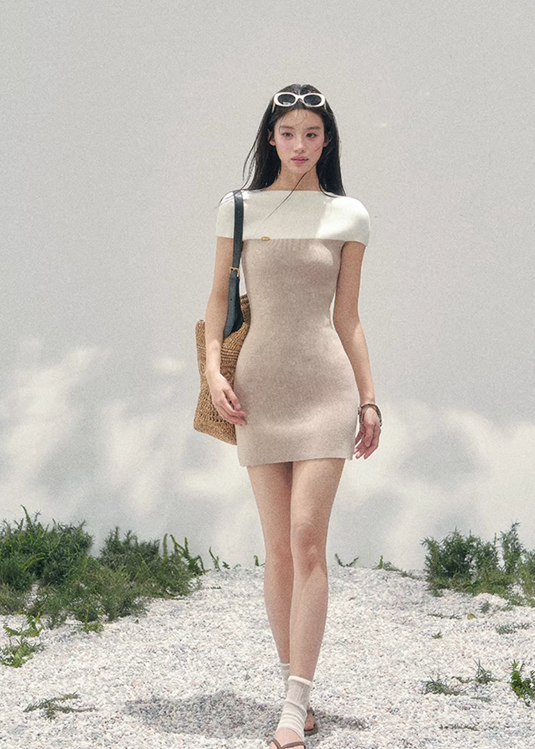 AOMALM knit mini dress women, French romantic fitted dress, feminine colorblock knit dress, Korean elegant spring mini dress, quiet luxury romantic outfit, Parisian inspired knit dress women, refined feminine silhouette dress, romantic Korean French aesthetic clothing, lightweight spring knit mini, elegant body shaping knit dress, soft luxury womenswear dress, mature feminine mini dress style, luxury Korean designer inspired knitwear, refined spring outfit women