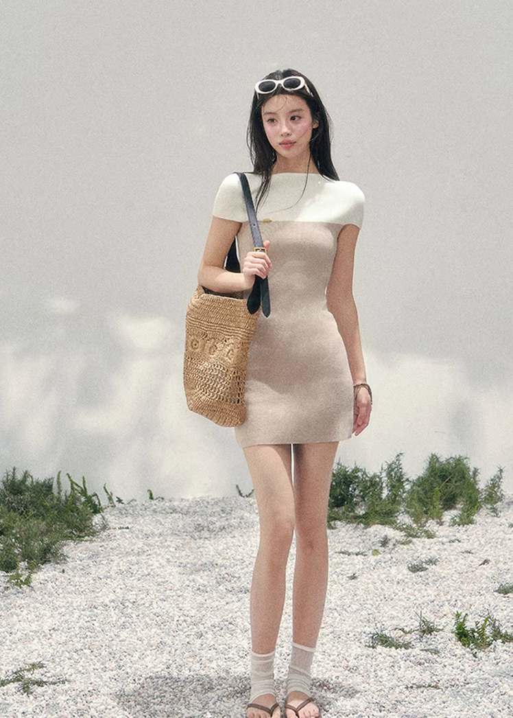 AOMALM knit mini dress women, French romantic fitted dress, feminine colorblock knit dress, Korean elegant spring mini dress, quiet luxury romantic outfit, Parisian inspired knit dress women, refined feminine silhouette dress, romantic Korean French aesthetic clothing, lightweight spring knit mini, elegant body shaping knit dress, soft luxury womenswear dress, mature feminine mini dress style, luxury Korean designer inspired knitwear, refined spring outfit women