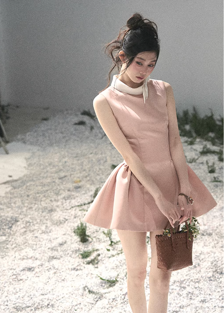 AOMALM satin mini dress women, French romantic puff skirt dress, feminine knot collar mini dress, Korean elegant spring flare dress, quiet luxury romantic outfit, Parisian inspired satin skater dress, refined feminine mini dress style, romantic Korean French aesthetic clothing, lightweight spring satin dress, elegant flared mini dress women, soft luxury womenswear dress, rich girl aesthetic mini dress, luxury Korean designer inspired dress, delicate feminine spring fashion