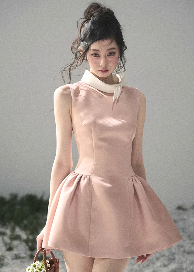 AOMALM satin mini dress women, French romantic puff skirt dress, feminine knot collar mini dress, Korean elegant spring flare dress, quiet luxury romantic outfit, Parisian inspired satin skater dress, refined feminine mini dress style, romantic Korean French aesthetic clothing, lightweight spring satin dress, elegant flared mini dress women, soft luxury womenswear dress, rich girl aesthetic mini dress, luxury Korean designer inspired dress, delicate feminine spring fashion