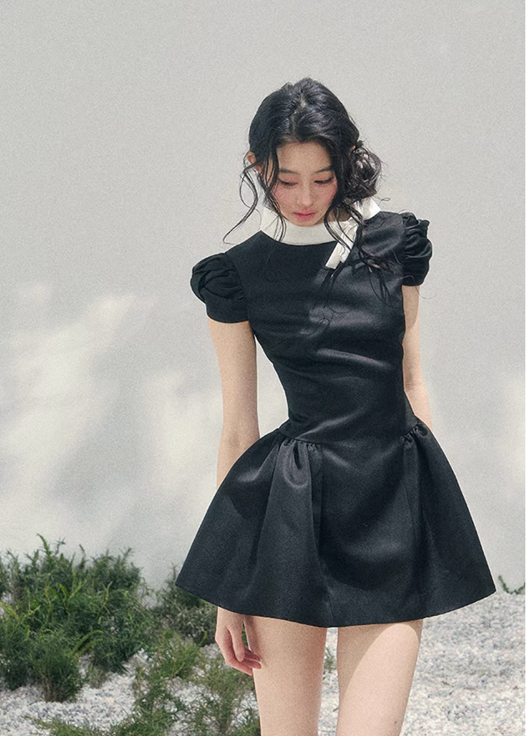 AOMALM satin mini dress women, French romantic puff skirt dress, feminine knot collar mini dress, Korean elegant spring flare dress, quiet luxury romantic outfit, Parisian inspired satin skater dress, refined feminine mini dress style, romantic Korean French aesthetic clothing, lightweight spring satin dress, elegant flared mini dress women, soft luxury womenswear dress, rich girl aesthetic mini dress, luxury Korean designer inspired dress, delicate feminine spring fashion