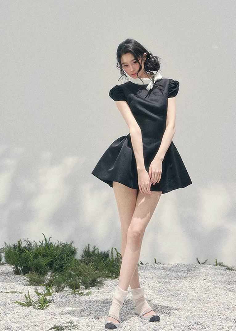 AOMALM satin mini dress women, French romantic puff skirt dress, feminine knot collar mini dress, Korean elegant spring flare dress, quiet luxury romantic outfit, Parisian inspired satin skater dress, refined feminine mini dress style, romantic Korean French aesthetic clothing, lightweight spring satin dress, elegant flared mini dress women, soft luxury womenswear dress, rich girl aesthetic mini dress, luxury Korean designer inspired dress, delicate feminine spring fashion