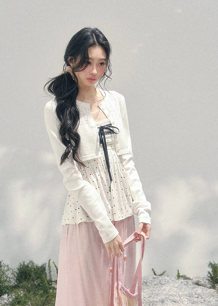 AOMALM polka dot lace twinset, French romantic spring layered top, feminine polka blouse women, Korean elegant two piece knit set, quiet luxury romantic outfit, Parisian inspired lace polka top, delicate peplum spring blouse, romantic Korean French aesthetic clothing, soft feminine spring cardigan set, refined luxury womenswear twinset, lightweight lace layered shirt women, elegant pastel romantic outfit, luxury Korean designer inspired clothing, feminine polka dot blouse women