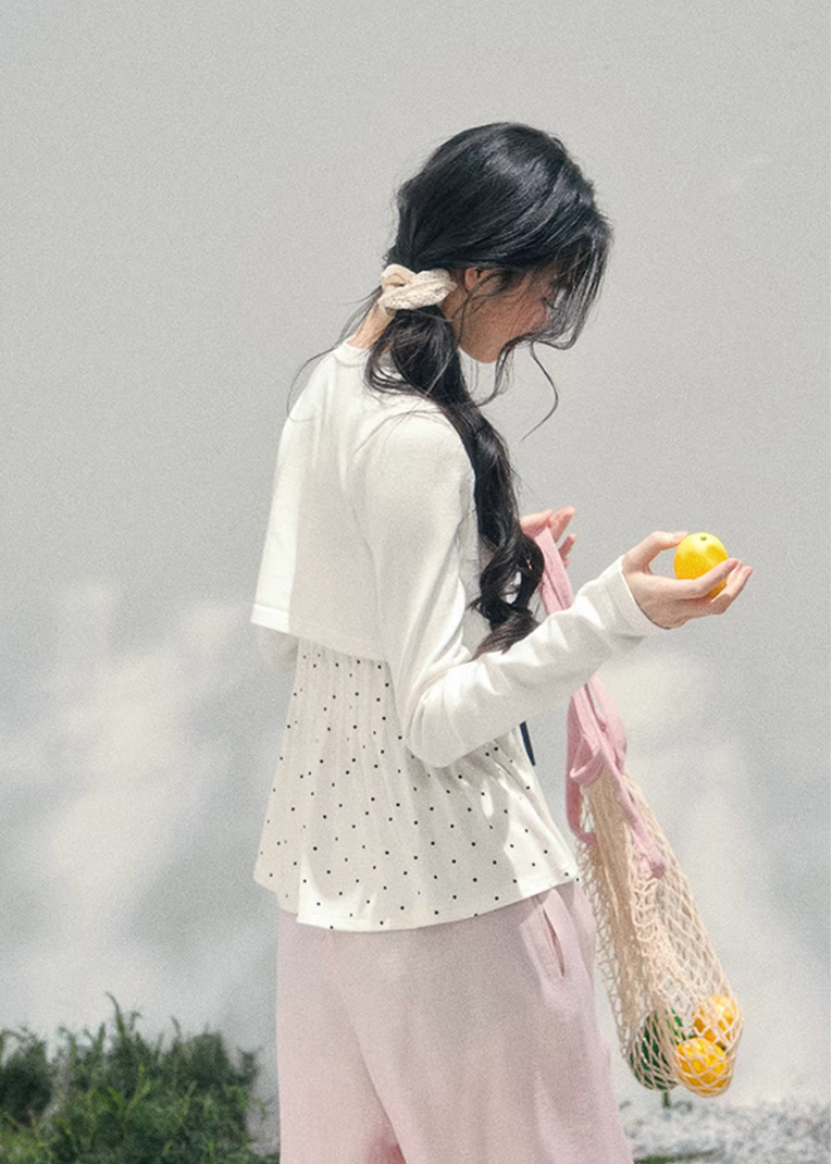 AOMALM polka dot lace twinset, French romantic spring layered top, feminine polka blouse women, Korean elegant two piece knit set, quiet luxury romantic outfit, Parisian inspired lace polka top, delicate peplum spring blouse, romantic Korean French aesthetic clothing, soft feminine spring cardigan set, refined luxury womenswear twinset, lightweight lace layered shirt women, elegant pastel romantic outfit, luxury Korean designer inspired clothing, feminine polka dot blouse women
