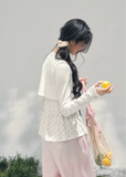 AOMALM polka dot lace twinset, French romantic spring layered top, feminine polka blouse women, Korean elegant two piece knit set, quiet luxury romantic outfit, Parisian inspired lace polka top, delicate peplum spring blouse, romantic Korean French aesthetic clothing, soft feminine spring cardigan set, refined luxury womenswear twinset, lightweight lace layered shirt women, elegant pastel romantic outfit, luxury Korean designer inspired clothing, feminine polka dot blouse women
