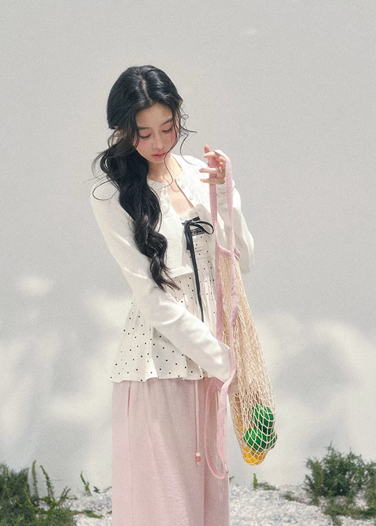 AOMALM polka dot lace twinset, French romantic spring layered top, feminine polka blouse women, Korean elegant two piece knit set, quiet luxury romantic outfit, Parisian inspired lace polka top, delicate peplum spring blouse, romantic Korean French aesthetic clothing, soft feminine spring cardigan set, refined luxury womenswear twinset, lightweight lace layered shirt women, elegant pastel romantic outfit, luxury Korean designer inspired clothing, feminine polka dot blouse women
