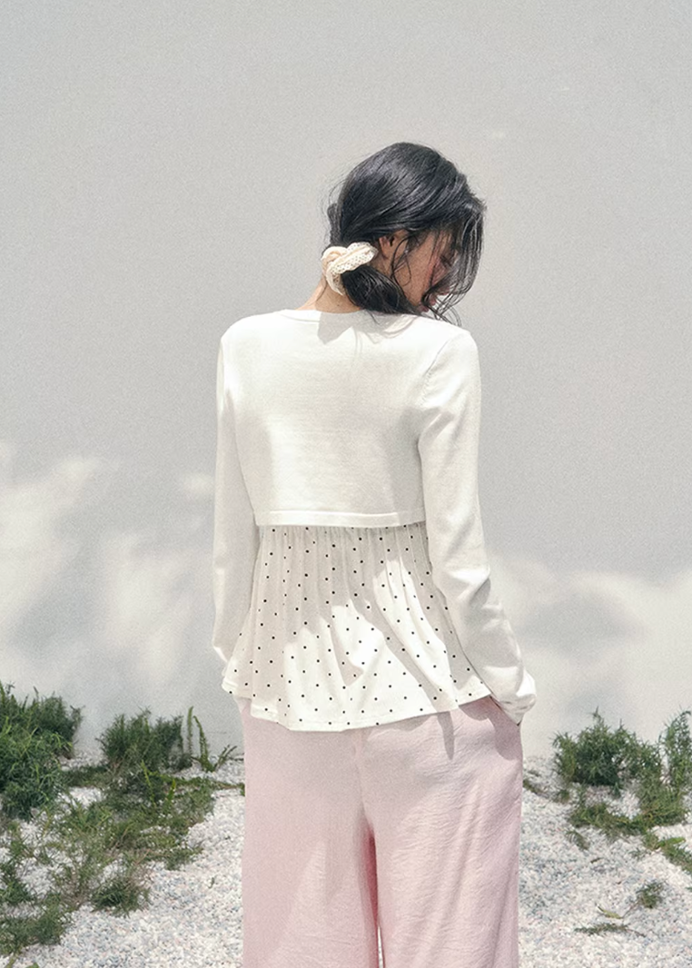 AOMALM polka dot lace twinset, French romantic spring layered top, feminine polka blouse women, Korean elegant two piece knit set, quiet luxury romantic outfit, Parisian inspired lace polka top, delicate peplum spring blouse, romantic Korean French aesthetic clothing, soft feminine spring cardigan set, refined luxury womenswear twinset, lightweight lace layered shirt women, elegant pastel romantic outfit, luxury Korean designer inspired clothing, feminine polka dot blouse women