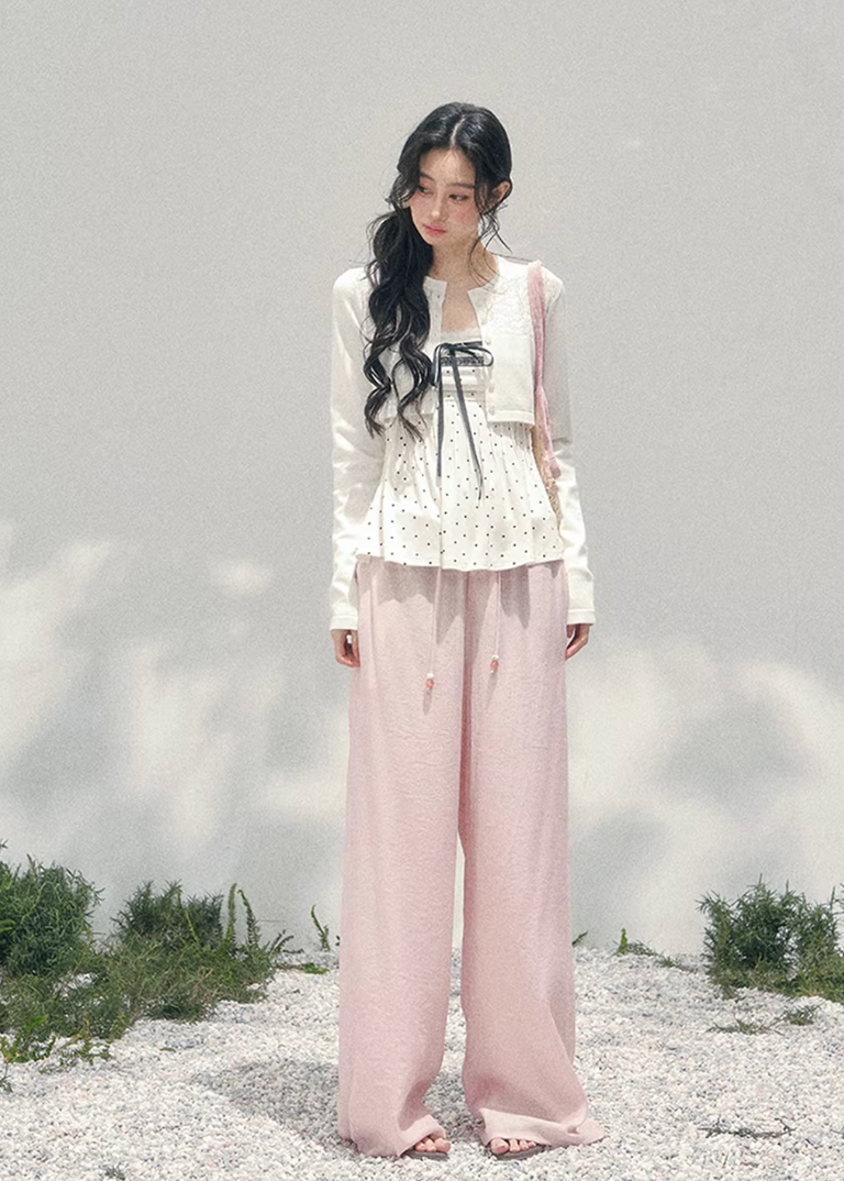 AOMALM polka dot lace twinset, French romantic spring layered top, feminine polka blouse women, Korean elegant two piece knit set, quiet luxury romantic outfit, Parisian inspired lace polka top, delicate peplum spring blouse, romantic Korean French aesthetic clothing, soft feminine spring cardigan set, refined luxury womenswear twinset, lightweight lace layered shirt women, elegant pastel romantic outfit, luxury Korean designer inspired clothing, feminine polka dot blouse women