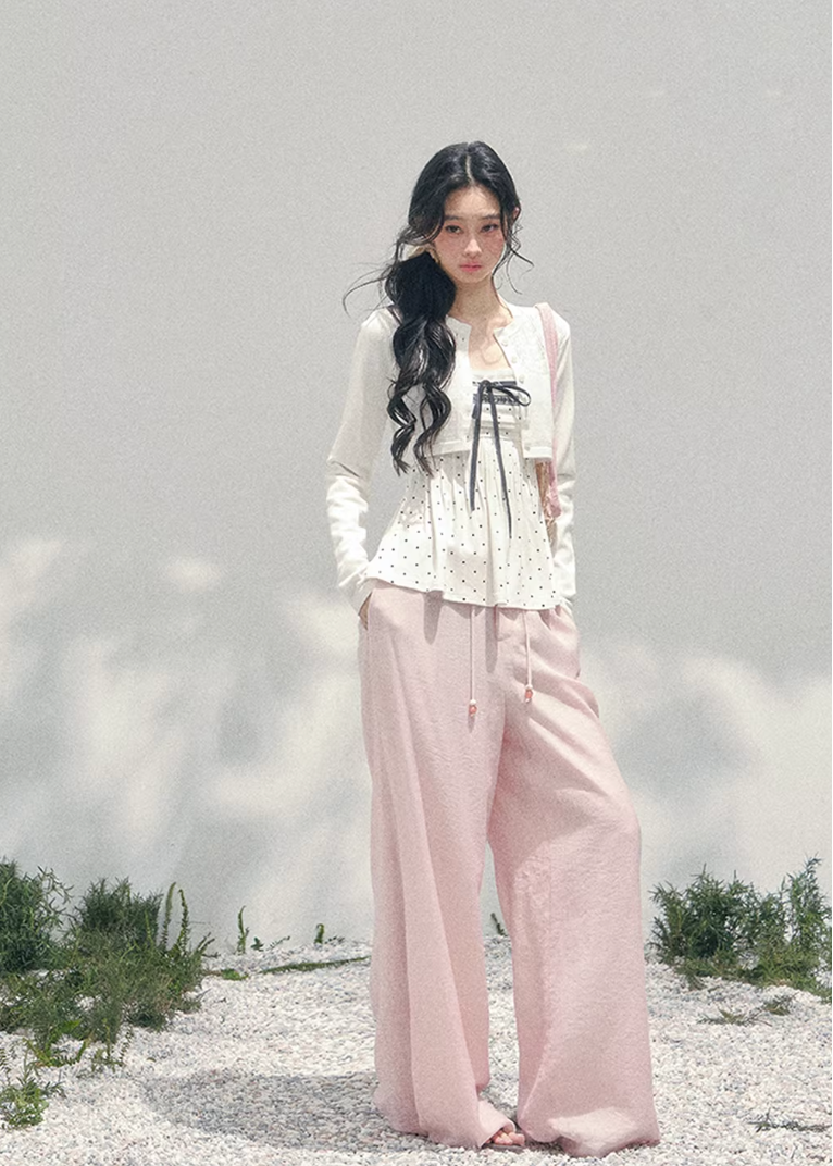 AOMALM polka dot lace twinset, French romantic spring layered top, feminine polka blouse women, Korean elegant two piece knit set, quiet luxury romantic outfit, Parisian inspired lace polka top, delicate peplum spring blouse, romantic Korean French aesthetic clothing, soft feminine spring cardigan set, refined luxury womenswear twinset, lightweight lace layered shirt women, elegant pastel romantic outfit, luxury Korean designer inspired clothing, feminine polka dot blouse women