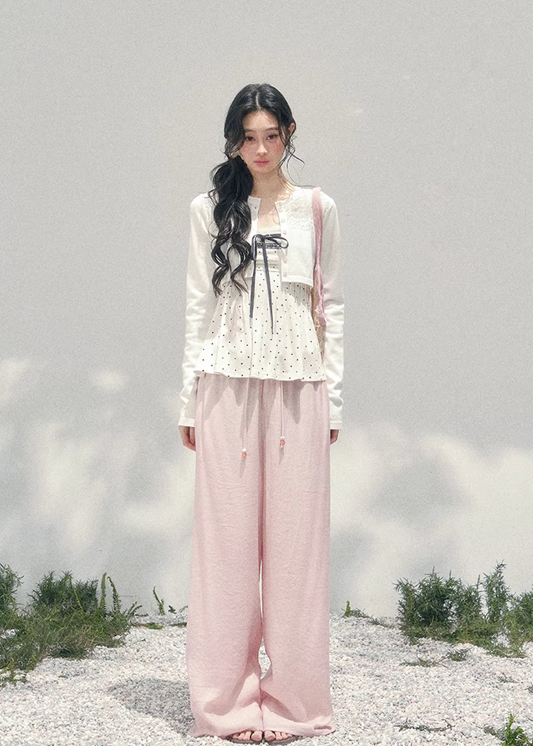 AOMALM polka dot lace twinset, French romantic spring layered top, feminine polka blouse women, Korean elegant two piece knit set, quiet luxury romantic outfit, Parisian inspired lace polka top, delicate peplum spring blouse, romantic Korean French aesthetic clothing, soft feminine spring cardigan set, refined luxury womenswear twinset, lightweight lace layered shirt women, elegant pastel romantic outfit, luxury Korean designer inspired clothing, feminine polka dot blouse women