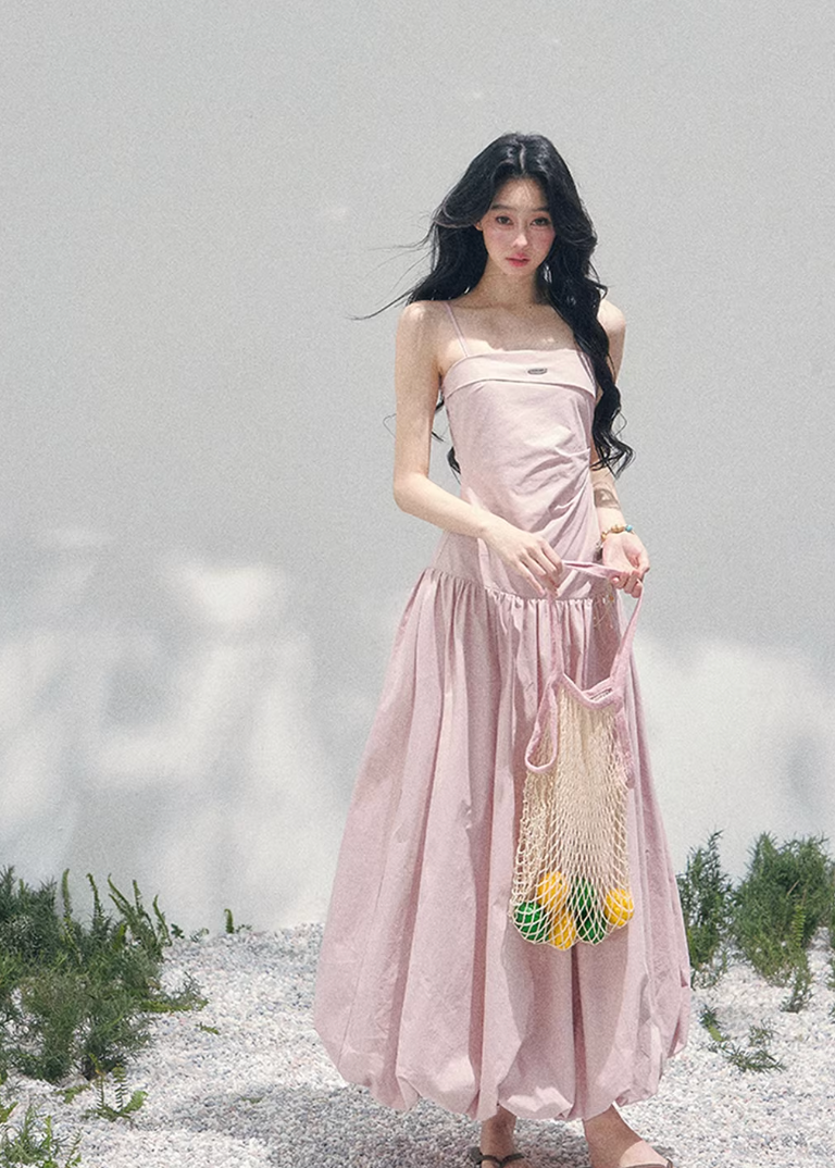 AOMALM seaside slip dress women, French romantic long slip dress, feminine vacation maxi dress, Korean elegant spring long dress, quiet luxury romantic outfit, Parisian inspired slip gown, waist defining long dress women, romantic Korean French aesthetic clothing, lightweight spring maxi dress, refined feminine seaside dress, soft luxury womenswear gown, elegant pastel long dress, luxury Korean designer inspired vacation dress, flowy spring slip dress women