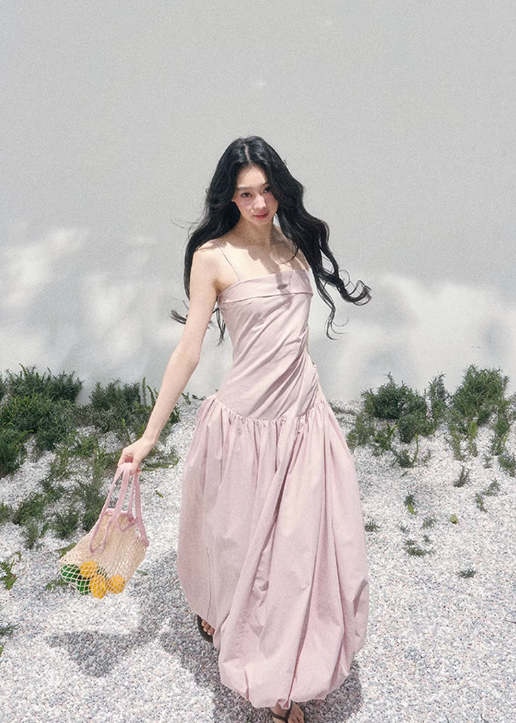 AOMALM seaside slip dress women, French romantic long slip dress, feminine vacation maxi dress, Korean elegant spring long dress, quiet luxury romantic outfit, Parisian inspired slip gown, waist defining long dress women, romantic Korean French aesthetic clothing, lightweight spring maxi dress, refined feminine seaside dress, soft luxury womenswear gown, elegant pastel long dress, luxury Korean designer inspired vacation dress, flowy spring slip dress women