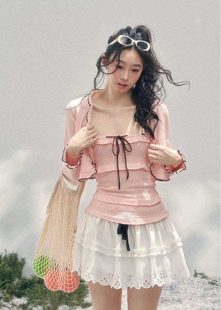AOMALM bandeau twinset women, French romantic knit cardigan set, feminine spring two piece outfit, Korean elegant pastel knitwear, quiet luxury romantic outfit, Parisian inspired bandeau cardigan set, delicate layered knit top women, romantic Korean French aesthetic clothing, soft feminine spring twinset, refined luxury womenswear knit, elegant lightweight cardigan outfit, pastel romantic knitwear women, luxury Korean designer inspired set, feminine bandeau cardigan ensemble