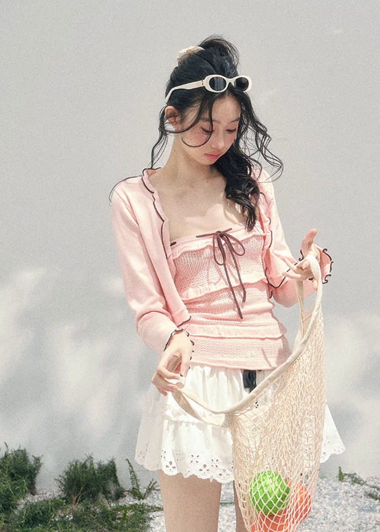AOMALM bandeau twinset women, French romantic knit cardigan set, feminine spring two piece outfit, Korean elegant pastel knitwear, quiet luxury romantic outfit, Parisian inspired bandeau cardigan set, delicate layered knit top women, romantic Korean French aesthetic clothing, soft feminine spring twinset, refined luxury womenswear knit, elegant lightweight cardigan outfit, pastel romantic knitwear women, luxury Korean designer inspired set, feminine bandeau cardigan ensemble