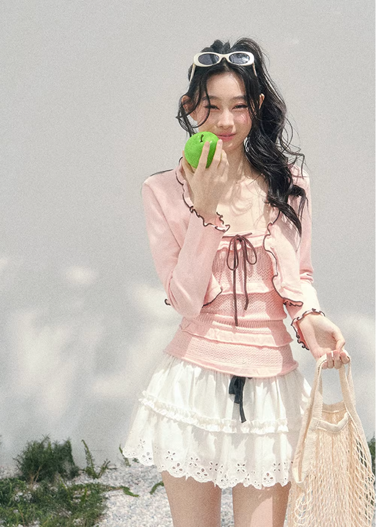 AOMALM bandeau twinset women, French romantic knit cardigan set, feminine spring two piece outfit, Korean elegant pastel knitwear, quiet luxury romantic outfit, Parisian inspired bandeau cardigan set, delicate layered knit top women, romantic Korean French aesthetic clothing, soft feminine spring twinset, refined luxury womenswear knit, elegant lightweight cardigan outfit, pastel romantic knitwear women, luxury Korean designer inspired set, feminine bandeau cardigan ensemble