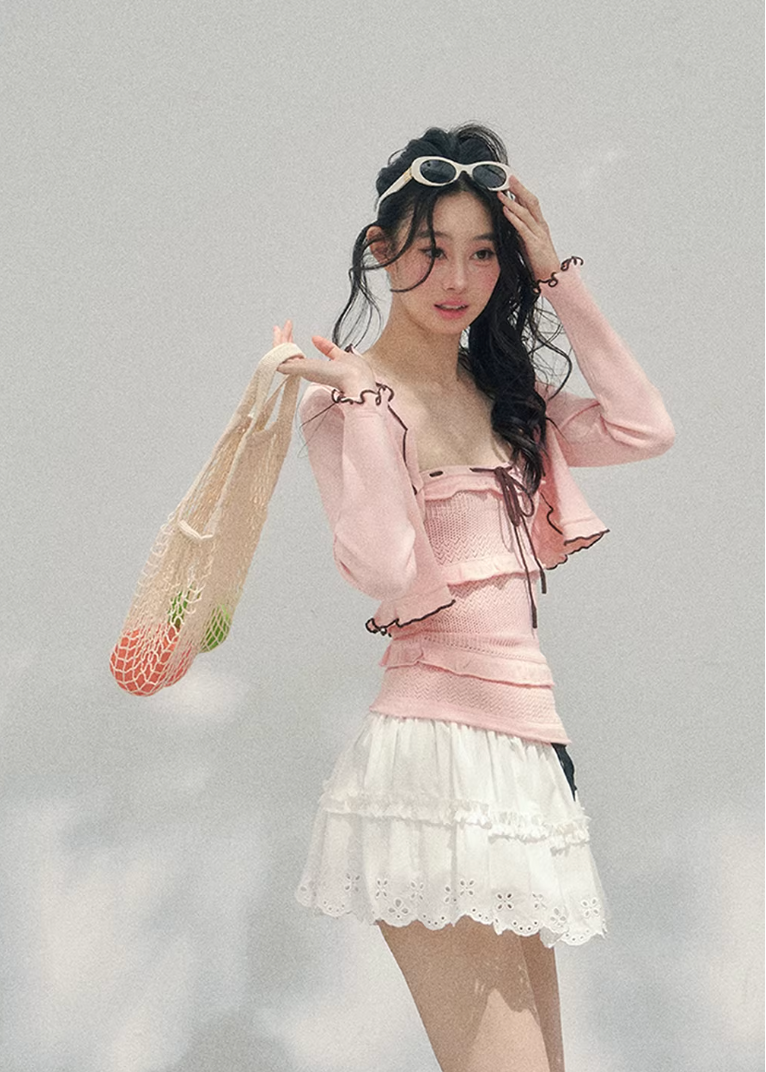 AOMALM bandeau twinset women, French romantic knit cardigan set, feminine spring two piece outfit, Korean elegant pastel knitwear, quiet luxury romantic outfit, Parisian inspired bandeau cardigan set, delicate layered knit top women, romantic Korean French aesthetic clothing, soft feminine spring twinset, refined luxury womenswear knit, elegant lightweight cardigan outfit, pastel romantic knitwear women, luxury Korean designer inspired set, feminine bandeau cardigan ensemble