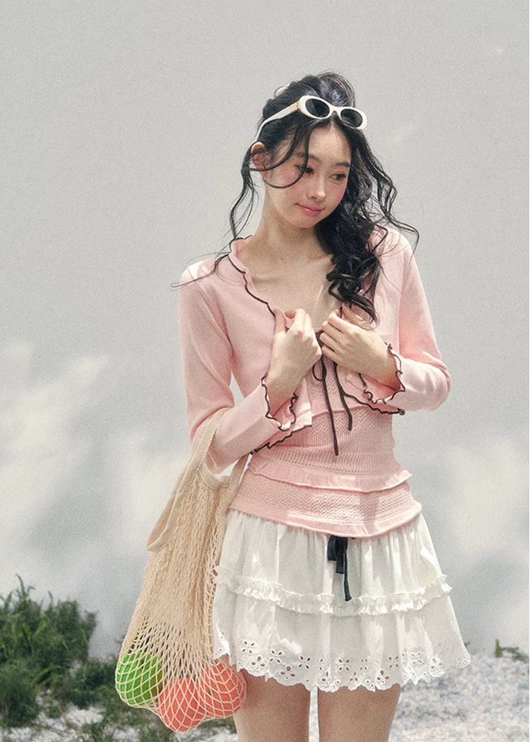 AOMALM bandeau twinset women, French romantic knit cardigan set, feminine spring two piece outfit, Korean elegant pastel knitwear, quiet luxury romantic outfit, Parisian inspired bandeau cardigan set, delicate layered knit top women, romantic Korean French aesthetic clothing, soft feminine spring twinset, refined luxury womenswear knit, elegant lightweight cardigan outfit, pastel romantic knitwear women, luxury Korean designer inspired set, feminine bandeau cardigan ensemble