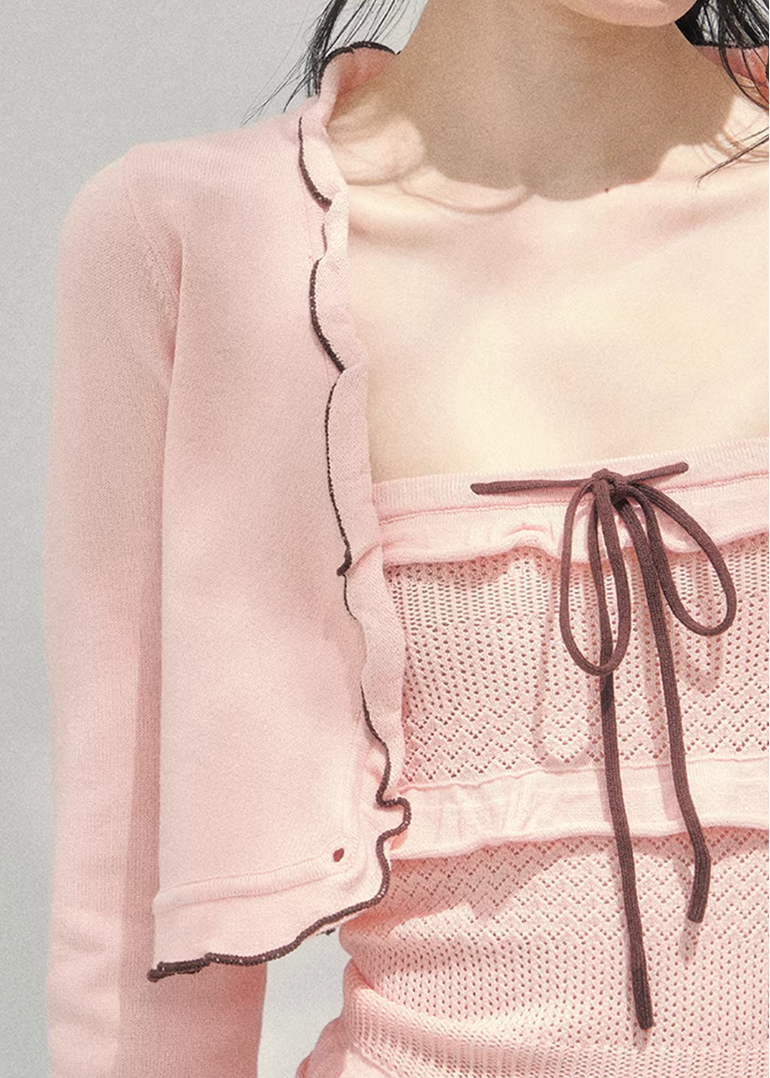 AOMALM bandeau twinset women, French romantic knit cardigan set, feminine spring two piece outfit, Korean elegant pastel knitwear, quiet luxury romantic outfit, Parisian inspired bandeau cardigan set, delicate layered knit top women, romantic Korean French aesthetic clothing, soft feminine spring twinset, refined luxury womenswear knit, elegant lightweight cardigan outfit, pastel romantic knitwear women, luxury Korean designer inspired set, feminine bandeau cardigan ensemble