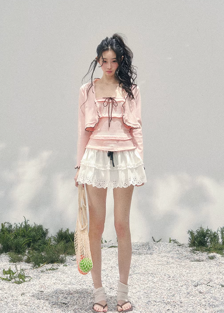 AOMALM bandeau twinset women, French romantic knit cardigan set, feminine spring two piece outfit, Korean elegant pastel knitwear, quiet luxury romantic outfit, Parisian inspired bandeau cardigan set, delicate layered knit top women, romantic Korean French aesthetic clothing, soft feminine spring twinset, refined luxury womenswear knit, elegant lightweight cardigan outfit, pastel romantic knitwear women, luxury Korean designer inspired set, feminine bandeau cardigan ensemble