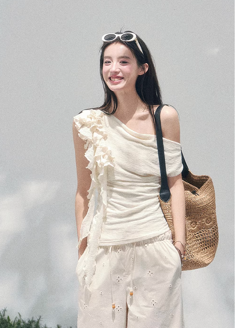 AOMALM off shoulder knit top, French romantic spring blouse, feminine ruffle shoulder knitwear, Korean elegant sleeveless knit women, quiet luxury romantic outfit, Parisian inspired off shoulder blouse, delicate fungus edge knit top, romantic Korean French aesthetic clothing, soft feminine spring knitwear, refined luxury womenswear top, elegant waist shaping knit blouse, lightweight romantic knit top women, luxury Korean designer inspired clothing