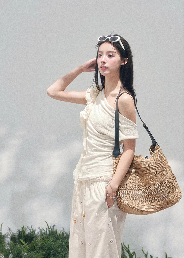 AOMALM off shoulder knit top, French romantic spring blouse, feminine ruffle shoulder knitwear, Korean elegant sleeveless knit women, quiet luxury romantic outfit, Parisian inspired off shoulder blouse, delicate fungus edge knit top, romantic Korean French aesthetic clothing, soft feminine spring knitwear, refined luxury womenswear top, elegant waist shaping knit blouse, lightweight romantic knit top women, luxury Korean designer inspired clothing
