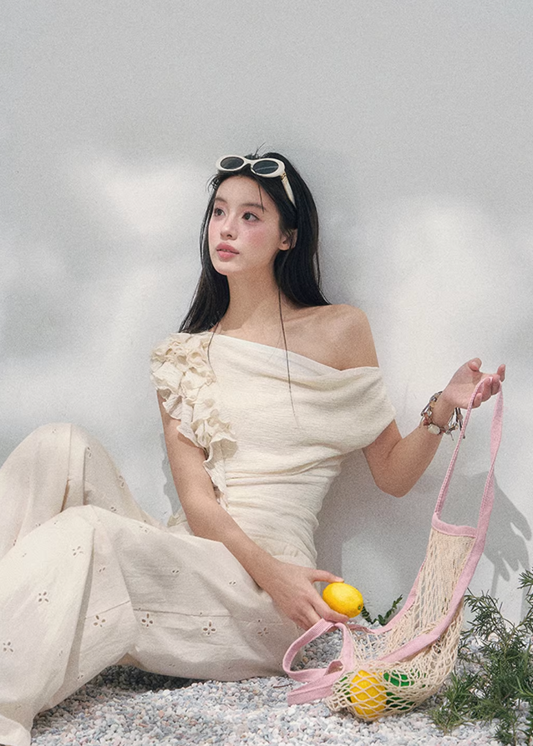 AOMALM off shoulder knit top, French romantic spring blouse, feminine ruffle shoulder knitwear, Korean elegant sleeveless knit women, quiet luxury romantic outfit, Parisian inspired off shoulder blouse, delicate fungus edge knit top, romantic Korean French aesthetic clothing, soft feminine spring knitwear, refined luxury womenswear top, elegant waist shaping knit blouse, lightweight romantic knit top women, luxury Korean designer inspired clothing