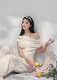 AOMALM off shoulder knit top, French romantic spring blouse, feminine ruffle shoulder knitwear, Korean elegant sleeveless knit women, quiet luxury romantic outfit, Parisian inspired off shoulder blouse, delicate fungus edge knit top, romantic Korean French aesthetic clothing, soft feminine spring knitwear, refined luxury womenswear top, elegant waist shaping knit blouse, lightweight romantic knit top women, luxury Korean designer inspired clothing