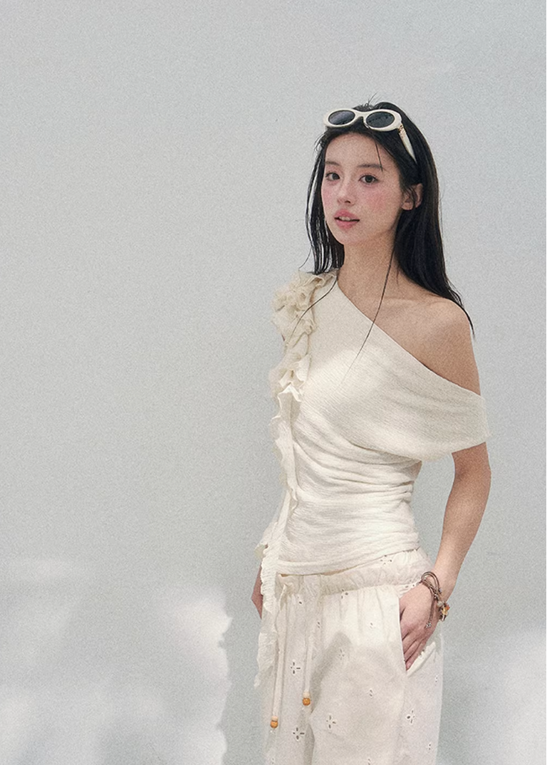 AOMALM off shoulder knit top, French romantic spring blouse, feminine ruffle shoulder knitwear, Korean elegant sleeveless knit women, quiet luxury romantic outfit, Parisian inspired off shoulder blouse, delicate fungus edge knit top, romantic Korean French aesthetic clothing, soft feminine spring knitwear, refined luxury womenswear top, elegant waist shaping knit blouse, lightweight romantic knit top women, luxury Korean designer inspired clothing