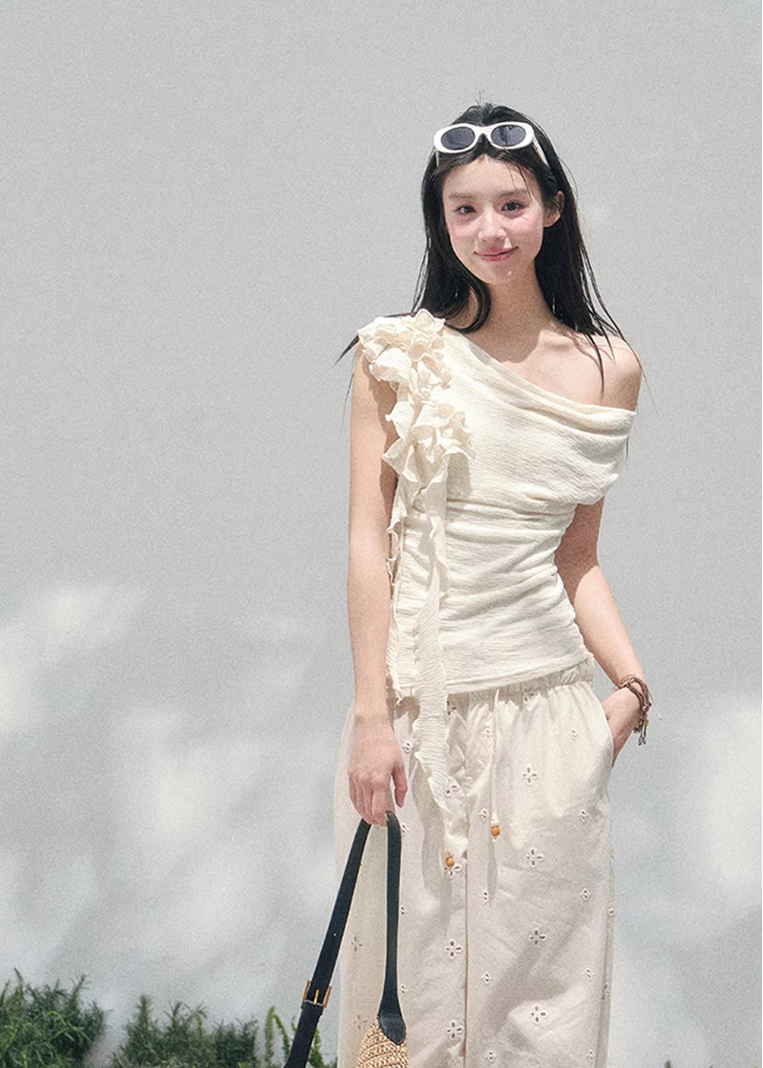 AOMALM off shoulder knit top, French romantic spring blouse, feminine ruffle shoulder knitwear, Korean elegant sleeveless knit women, quiet luxury romantic outfit, Parisian inspired off shoulder blouse, delicate fungus edge knit top, romantic Korean French aesthetic clothing, soft feminine spring knitwear, refined luxury womenswear top, elegant waist shaping knit blouse, lightweight romantic knit top women, luxury Korean designer inspired clothing