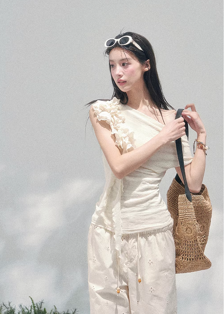 AOMALM off shoulder knit top, French romantic spring blouse, feminine ruffle shoulder knitwear, Korean elegant sleeveless knit women, quiet luxury romantic outfit, Parisian inspired off shoulder blouse, delicate fungus edge knit top, romantic Korean French aesthetic clothing, soft feminine spring knitwear, refined luxury womenswear top, elegant waist shaping knit blouse, lightweight romantic knit top women, luxury Korean designer inspired clothing