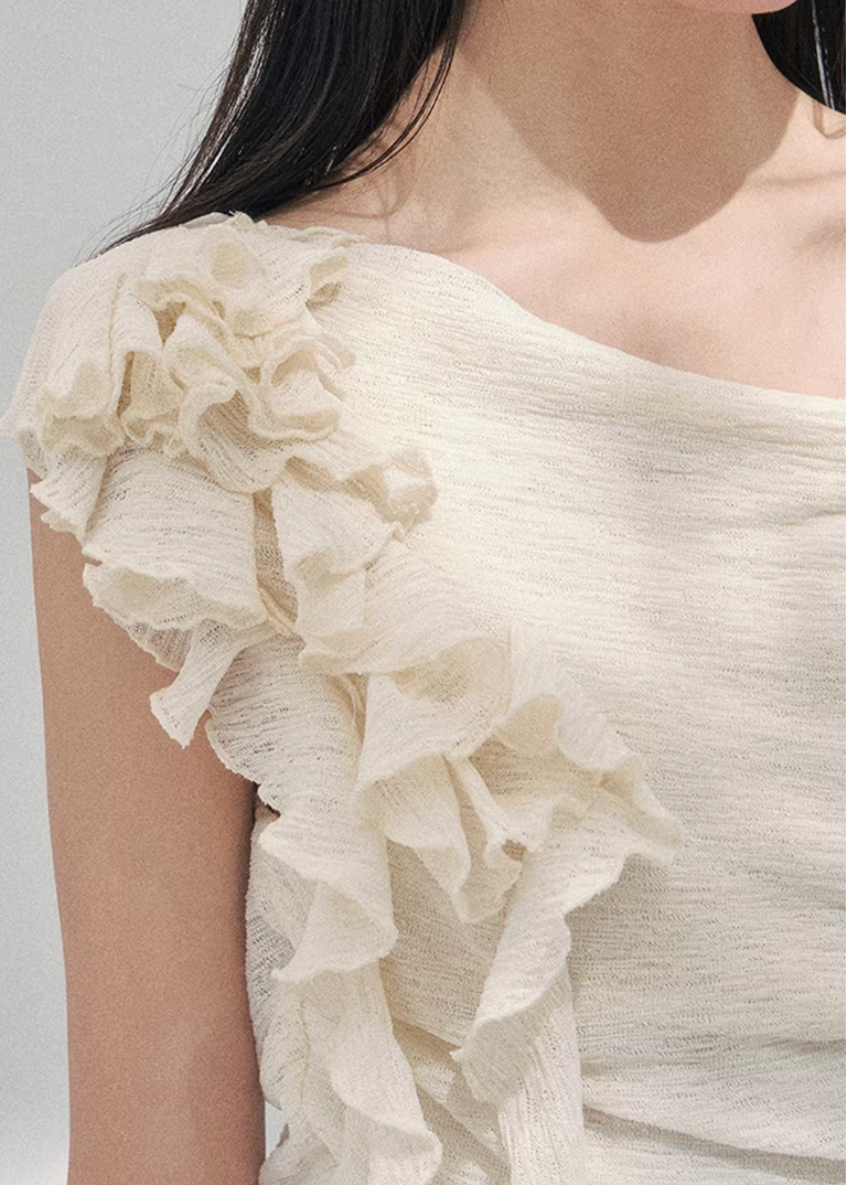 AOMALM off shoulder knit top, French romantic spring blouse, feminine ruffle shoulder knitwear, Korean elegant sleeveless knit women, quiet luxury romantic outfit, Parisian inspired off shoulder blouse, delicate fungus edge knit top, romantic Korean French aesthetic clothing, soft feminine spring knitwear, refined luxury womenswear top, elegant waist shaping knit blouse, lightweight romantic knit top women, luxury Korean designer inspired clothing