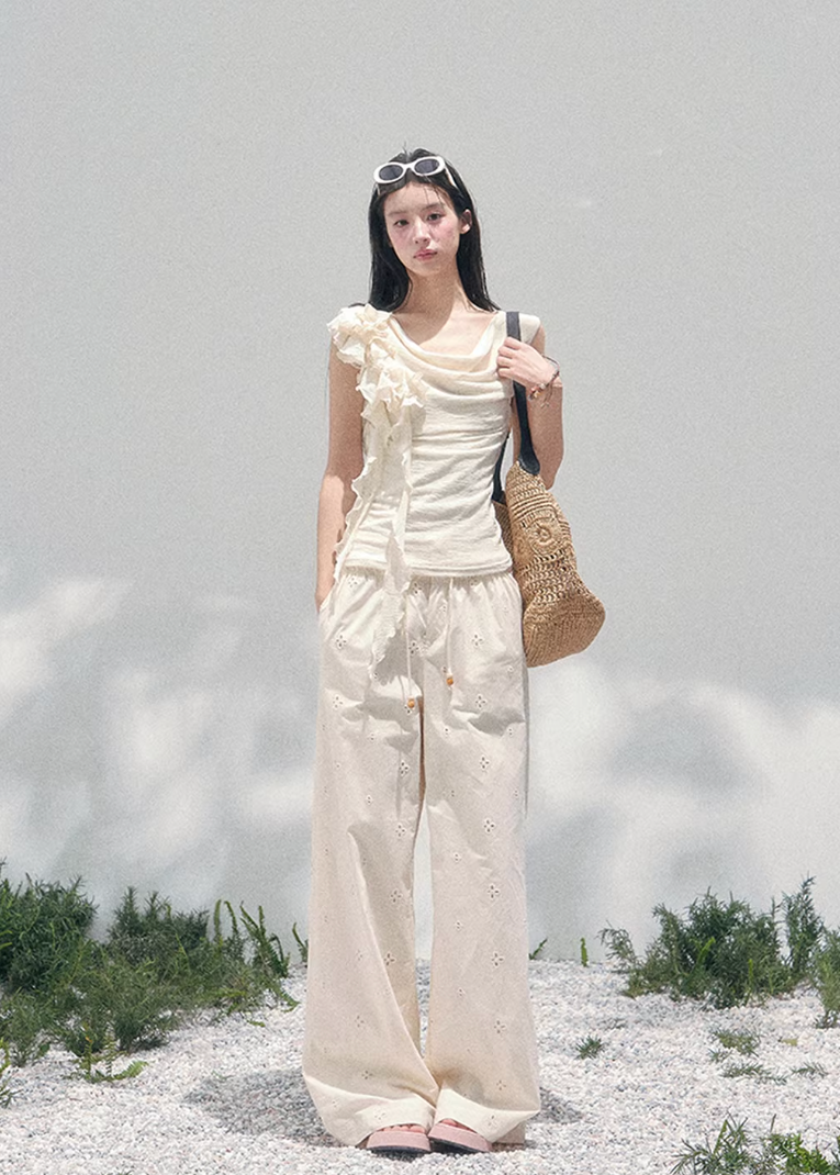 AOMALM off shoulder knit top, French romantic spring blouse, feminine ruffle shoulder knitwear, Korean elegant sleeveless knit women, quiet luxury romantic outfit, Parisian inspired off shoulder blouse, delicate fungus edge knit top, romantic Korean French aesthetic clothing, soft feminine spring knitwear, refined luxury womenswear top, elegant waist shaping knit blouse, lightweight romantic knit top women, luxury Korean designer inspired clothing
