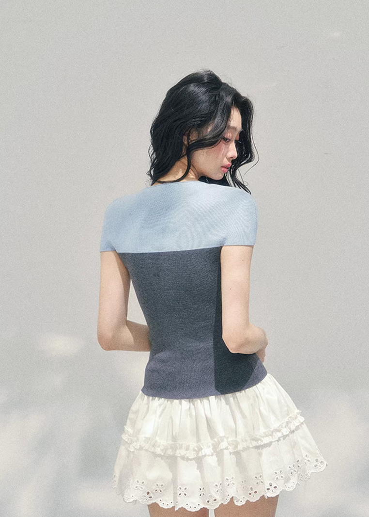 AOMALM colorblock knit top women, French romantic fitted spring top, feminine waist slimming knitwear, Korean elegant short sleeve knit, quiet luxury romantic outfit, Parisian inspired knit blouse, refined feminine silhouette top, romantic Korean French aesthetic clothing, lightweight spring knit top women, soft luxury womenswear knit, elegant colorblock fashion top, luxury Korean designer inspired knitwear, feminine sculpted knit blouse